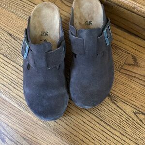 Birkenstock Brown Suede Clogs with Buckle
